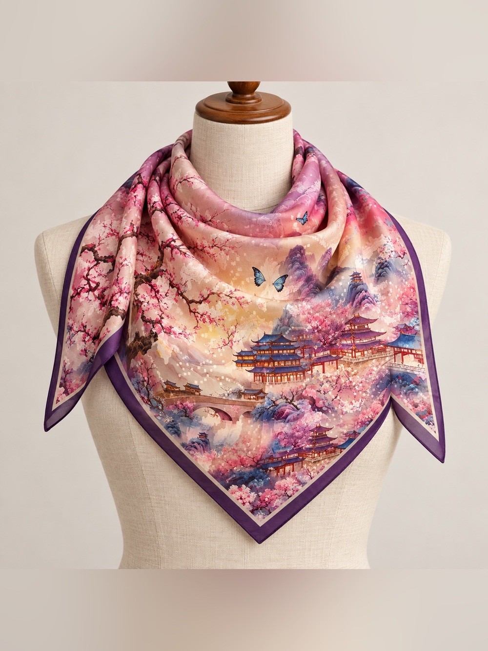 Cherry Blossom Landscape Square Scarf 70x70cm Pink Purple Pagoda Butterfly